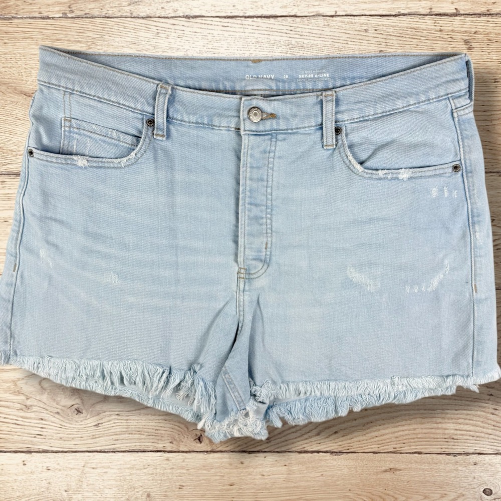 OLD NAVY Womens Sky Hi-Rise A-Line Frayed Hem Denim Jean Shorts Size 16‎